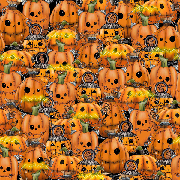 Image of the Steampunk Halloween 3 Pumpkins Orange quilting cotton fabric. Features halloween pumpkins on an orange background. Cute Little Fabric Shop