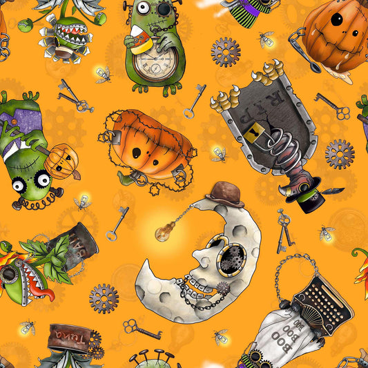 Image of the Steampunk Halloween 3 Halloween Character Toss Orange quilting cotton fabric. Features halloween icons on an orange background. Cute Little Fabric Shop