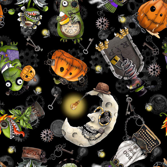 Image of the Steampunk Halloween 3 Halloween Character Toss Black quilting cotton fabric. Features halloween icons on a black background. Cute Little Fabric Shop