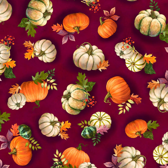Image of the Cornucopia Harvest Pumpkin Toss Wine quilting cotton fabric by Gina Jane Lee for QT Fabrics. Features pumpkins on a purple background. Cute Little Fabric Shop