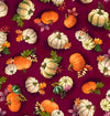 Image of the Cornucopia Harvest Pumpkin Toss Wine quilting cotton fabric by Gina Jane Lee for QT Fabrics. Features pumpkins on a purple background. Cute Little Fabric Shop