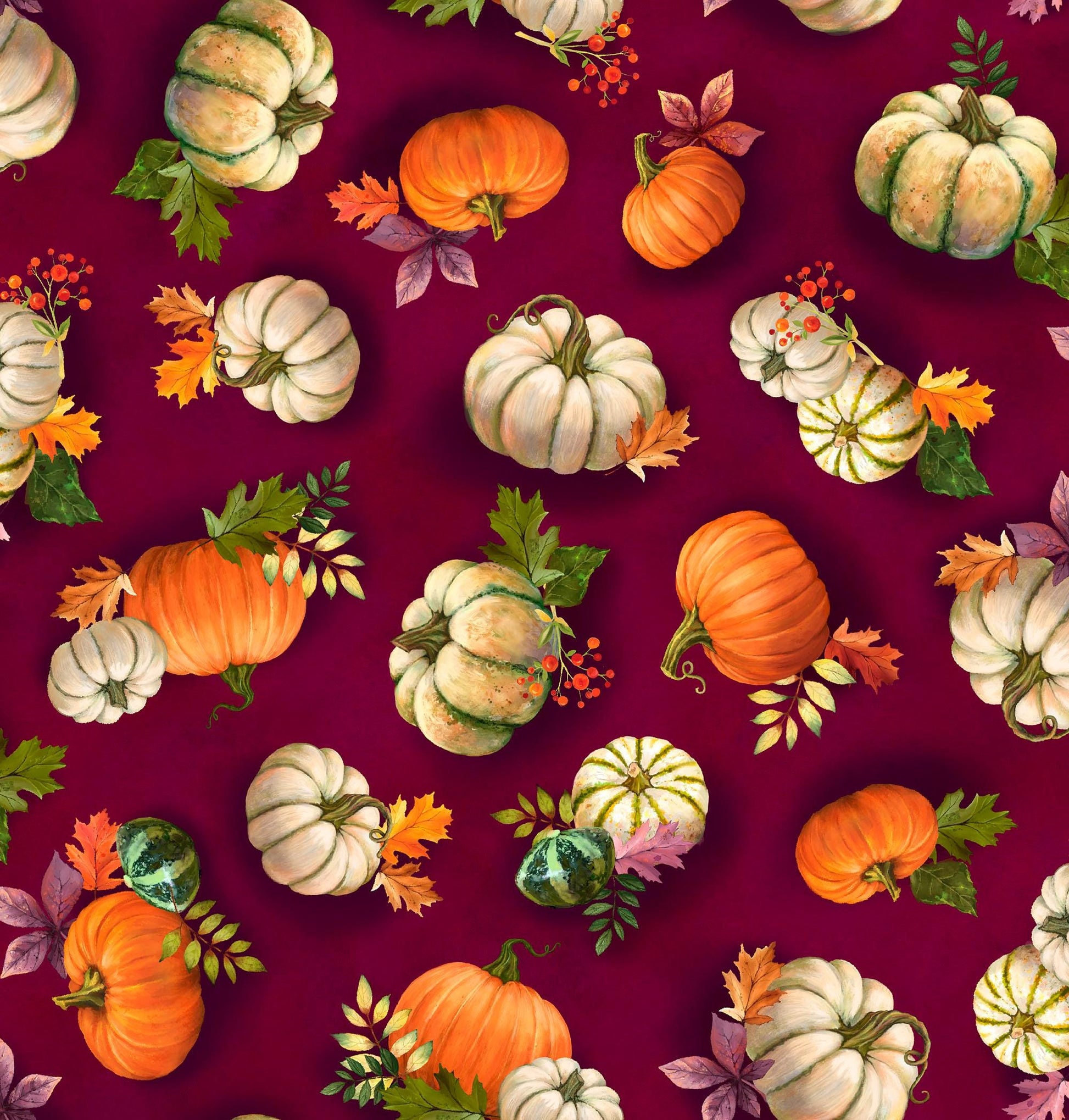 Image of the Cornucopia Harvest Pumpkin Toss Wine quilting cotton fabric by Gina Jane Lee for QT Fabrics. Features pumpkins on a purple background. Cute Little Fabric Shop