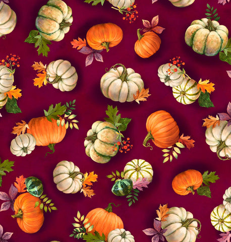 Image of the Cornucopia Harvest Pumpkin Toss Wine quilting cotton fabric by Gina Jane Lee for QT Fabrics. Features pumpkins on a purple background. Cute Little Fabric Shop