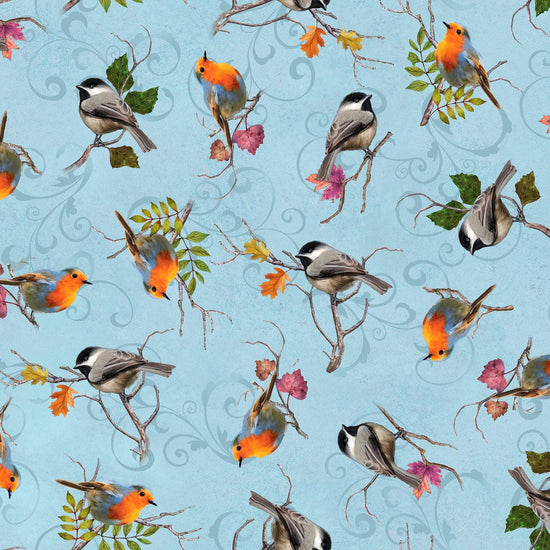 Image of the Cornucopia Harvest Harvest Birds Blue quilting cotton fabric by Gina Jane Lee for QT Fabrics. Features birds on a blue background. Cute Little Fabric Shop