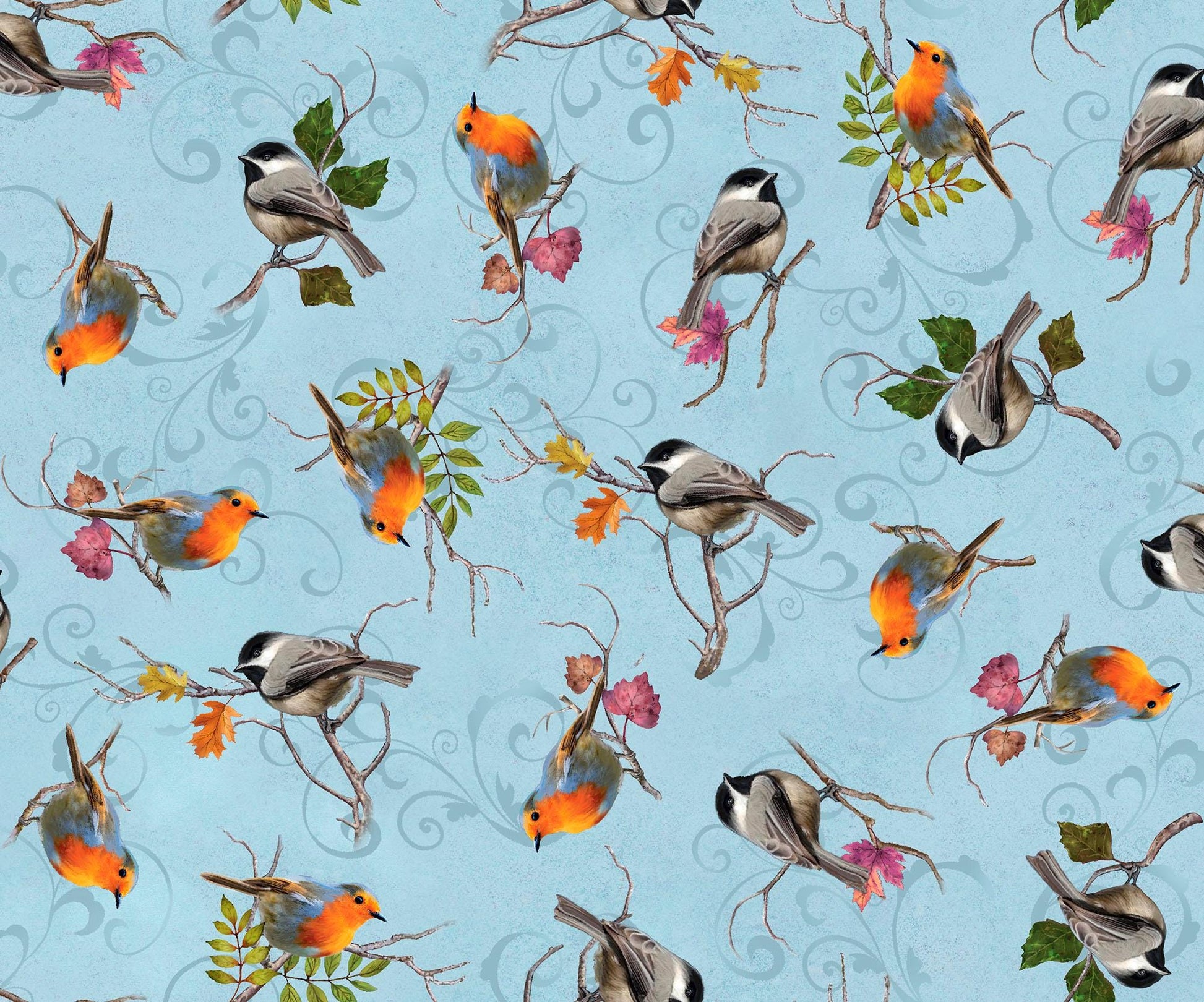 Image of the Cornucopia Harvest Harvest Birds Blue quilting cotton fabric by Gina Jane Lee for QT Fabrics. Features birds on a blue background. Cute Little Fabric Shop