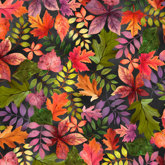 Image of the Cornucopia Harvest Fall Foliage Multi quilting cotton fabric by Gina Jane Lee for QT Fabrics. Features leaves on a black background. Cute Little Fabric Shop