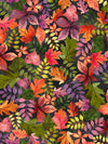 Image of the Cornucopia Harvest Fall Foliage Multi quilting cotton fabric by Gina Jane Lee for QT Fabrics. Features leaves on a black background. Cute Little Fabric Shop