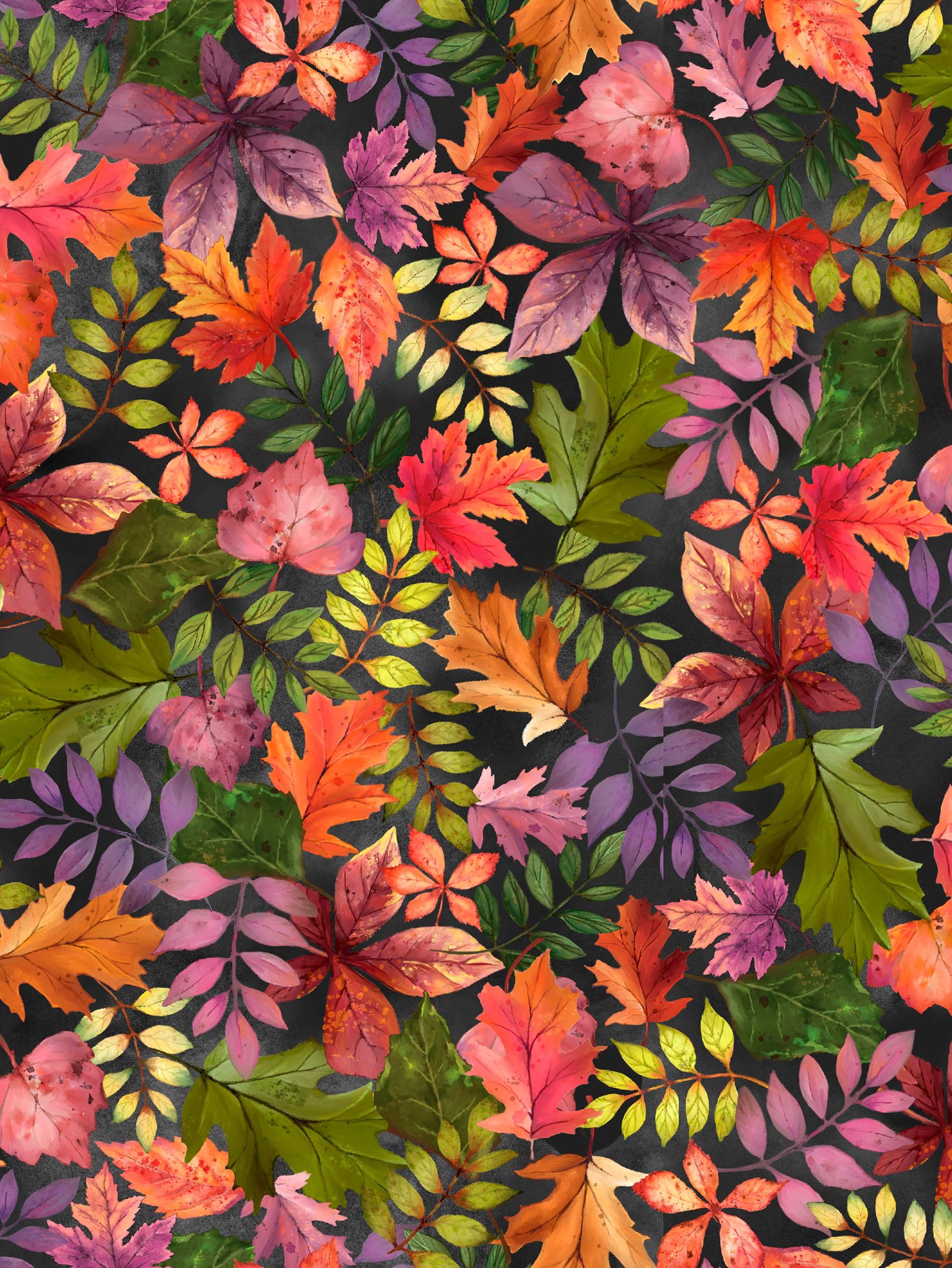 Image of the Cornucopia Harvest Fall Foliage Multi quilting cotton fabric by Gina Jane Lee for QT Fabrics. Features leaves on a black background. Cute Little Fabric Shop