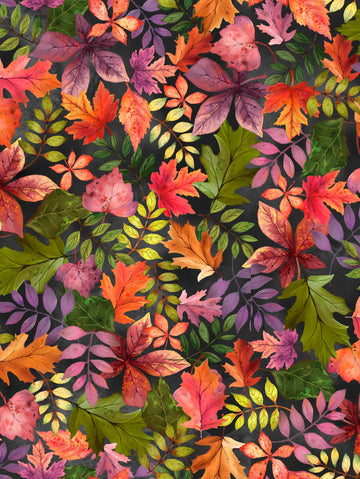 Image of the Cornucopia Harvest Fall Foliage Multi quilting cotton fabric by Gina Jane Lee for QT Fabrics. Features leaves on a black background. Cute Little Fabric Shop