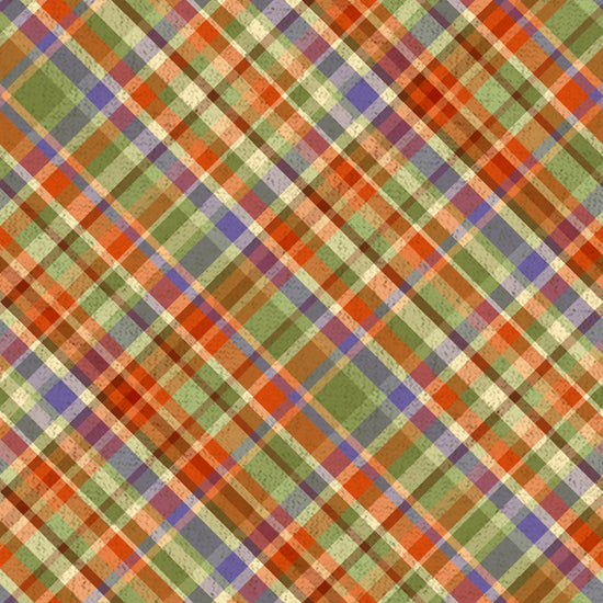 Image of the Cornucopia Harvest Diagonal Plaid Multi quilting cotton fabric by Gina Jane Lee for QT Fabrics. Features plaid on a black background. Cute Little Fabric Shop