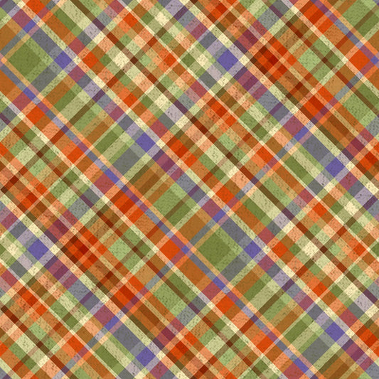 Image of the Cornucopia Harvest Diagonal Plaid Multi quilting cotton fabric by Gina Jane Lee for QT Fabrics. Features plaid on a black background. Cute Little Fabric Shop