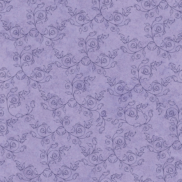 Image of the Cornucopia Harvest Delicate Scroll Lilac quilting cotton fabric by Gina Jane Lee for QT Fabrics. Features leaves on a purple background. Cute Little Fabric Shop