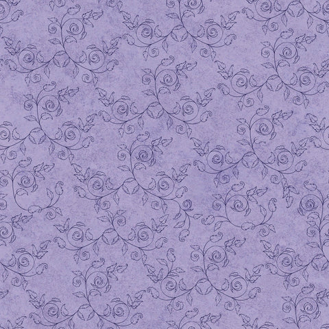 Image of the Cornucopia Harvest Delicate Scroll Lilac quilting cotton fabric by Gina Jane Lee for QT Fabrics. Features leaves on a purple background. Cute Little Fabric Shop