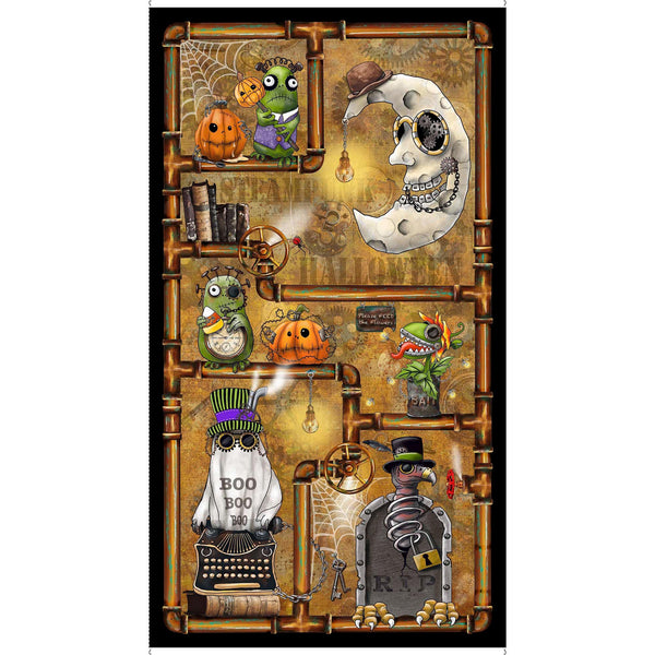Steampunk Halloween 3 Character Panel 31219 Brown A - by QT Fabrics - Spooky Season Haunted - Quilting Cotton Fabric