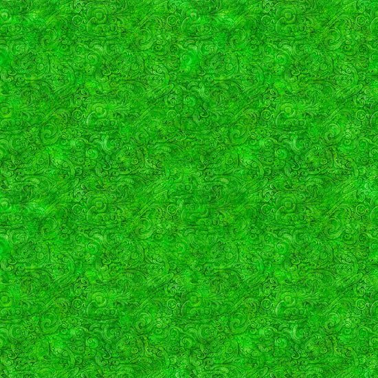 Image of the Festivus Festivus Blender Kelly Green quilting cotton fabric by Dan Morris for Riley Blake Designs. Features an abstract swirl on a green background. Cute Little Fabric Shop