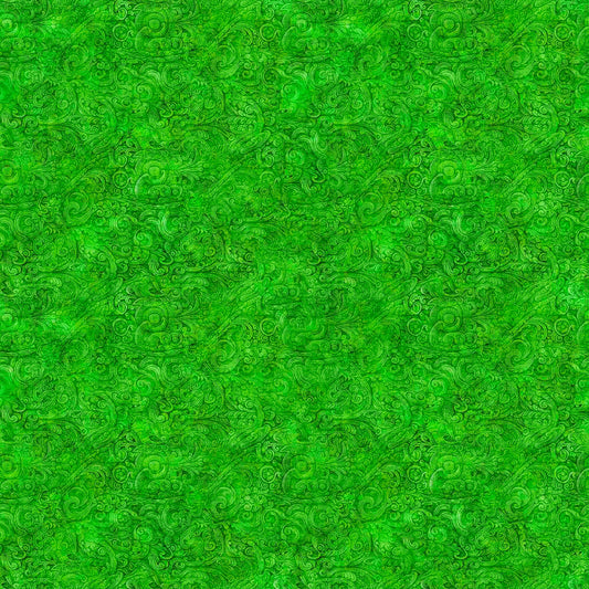 Image of the Festivus Festivus Blender Kelly Green quilting cotton fabric by Dan Morris for Riley Blake Designs. Features an abstract swirl on a green background. Cute Little Fabric Shop