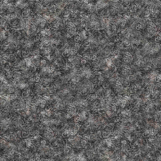 Image of the Festivus Festivus Blender Smoke quilting cotton fabric by Dan Morris for Riley Blake Designs. Features an abstract swirl on a gray background. Cute Little Fabric Shop