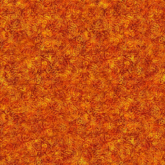 Image of the Festivus Festivus Blender Burnt Orange quilting cotton fabric by Dan Morris for Riley Blake Designs. Features an abstract swirl on an orange background. Cute Little Fabric Shop