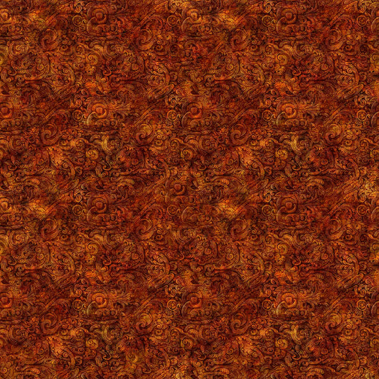 Image of the Festivus Festivus Blender Rust quilting cotton fabric by Dan Morris for Riley Blake Designs. Features an abstract swirl on a red background. Cute Little Fabric Shop