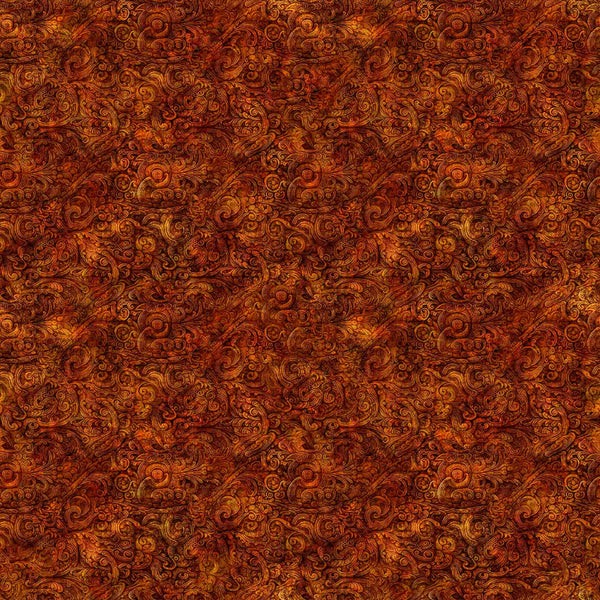 Image of the Festivus Festivus Blender Rust quilting cotton fabric by Dan Morris for Riley Blake Designs. Features an abstract swirl on a red background. Cute Little Fabric Shop