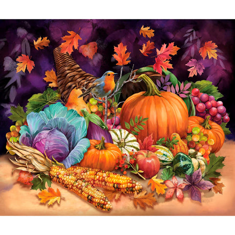 Cornucopia Harvest Harvest Panel 31024 Multi X - by QT Fabrics - Bounty Fall Autumn Bird Leaves - Quilting Cotton Fabric