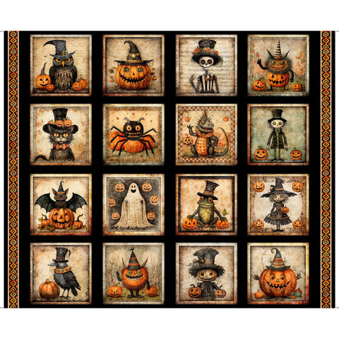 Jeepers Creepers Halloween Picture Patches Panel 31008 Black J - by QT Fabrics - Jack-O-Lantern Pumpkin Star - Quilting Cotton Fabric