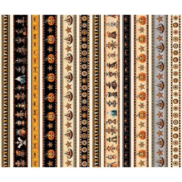 Image of the Jeepers Creepers Halloween Border Stripe Multi quilting cotton fabric. Features halloween icons on an orange background. Cute Little Fabric Shop