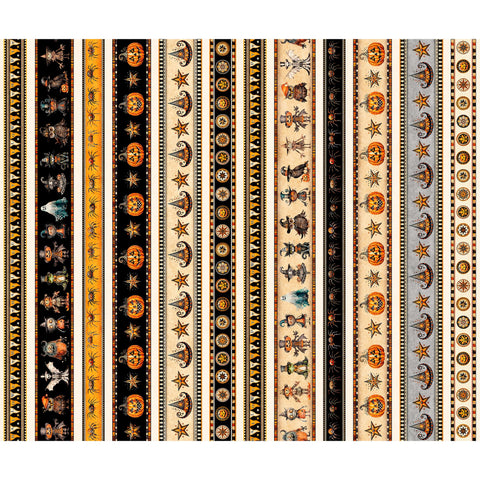Image of the Jeepers Creepers Halloween Border Stripe Multi quilting cotton fabric. Features halloween icons on an orange background. Cute Little Fabric Shop