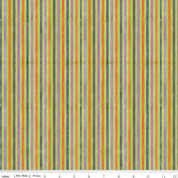 Image of the Ghoul Friends Stripes Multi quilting cotton fabric by Teresa Kogut for Riley Blake Designs. Features stripes on a green background. Cute Little Fabric Shop