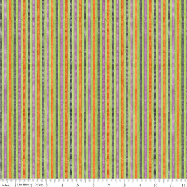 Image of the Ghoul Friends Stripes Multi quilting cotton fabric by Teresa Kogut for Riley Blake Designs. Features stripes on a green background. Cute Little Fabric Shop