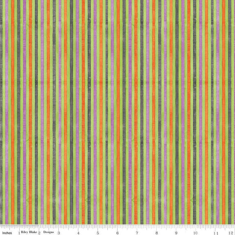 Image of the Ghoul Friends Stripes Multi quilting cotton fabric by Teresa Kogut for Riley Blake Designs. Features stripes on a green background. Cute Little Fabric Shop