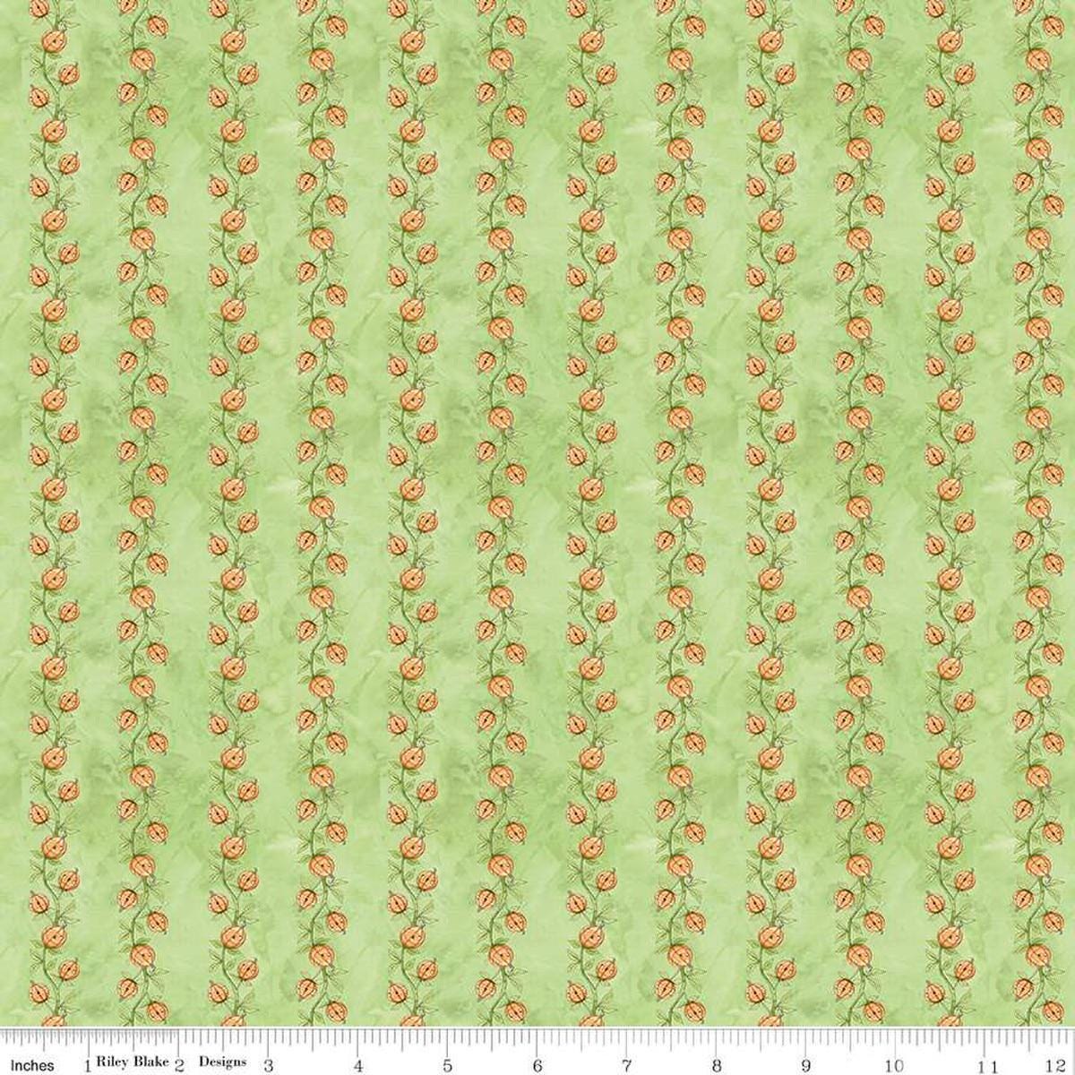 Image of the Ghoul Friends Pumpkin Vine Green quilting cotton fabric by Teresa Kogut for Riley Blake Designs. Features pumpkin stripes on a green background. Cute Little Fabric Shop