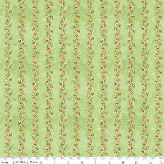 Image of the Ghoul Friends Pumpkin Vine Green quilting cotton fabric by Teresa Kogut for Riley Blake Designs. Features pumpkin stripes on a green background. Cute Little Fabric Shop