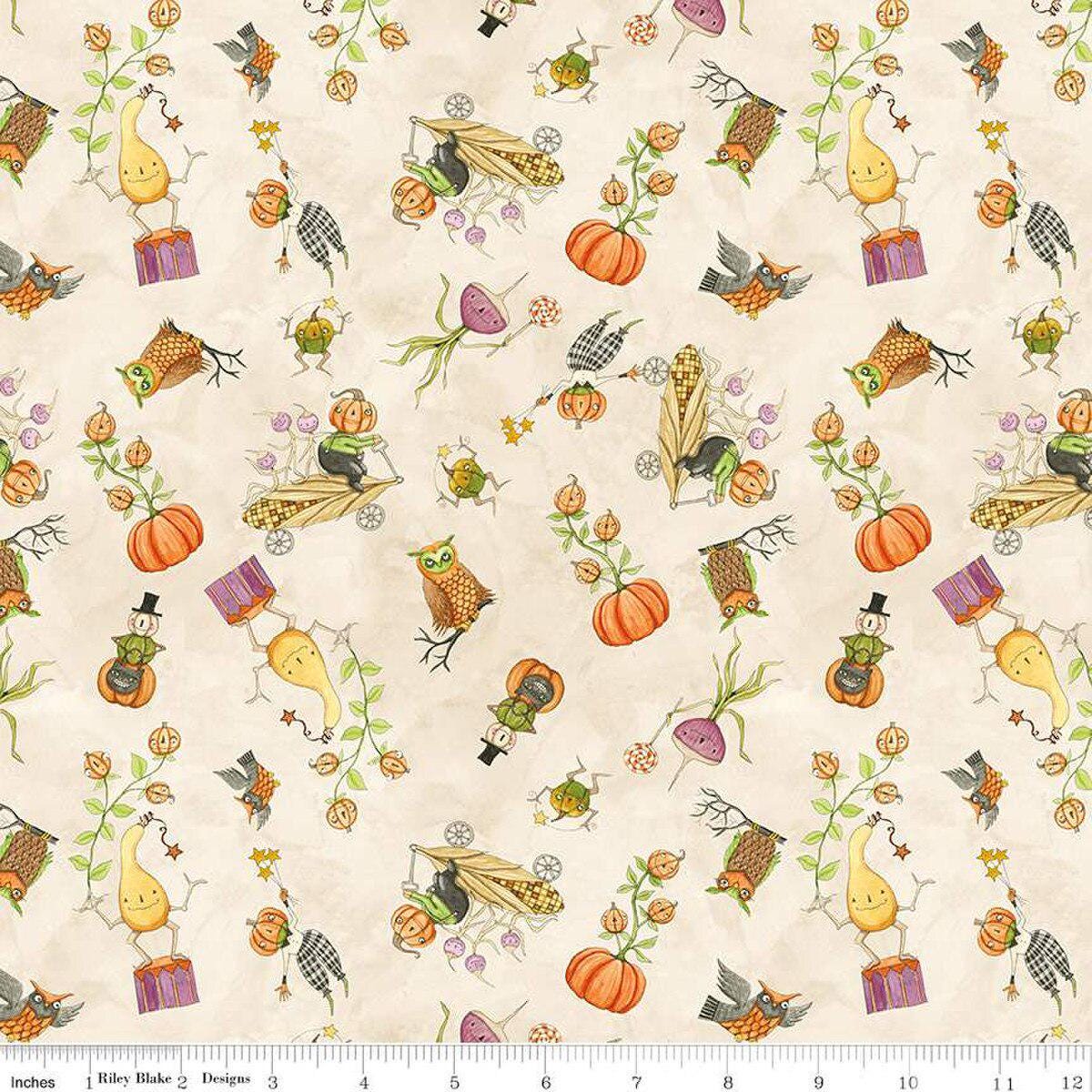Image of the Ghoul Friends Gourds Cream quilting cotton fabric by Teresa Kogut for Riley Blake Designs. Features icons on a cream background. Cute Little Fabric Shop