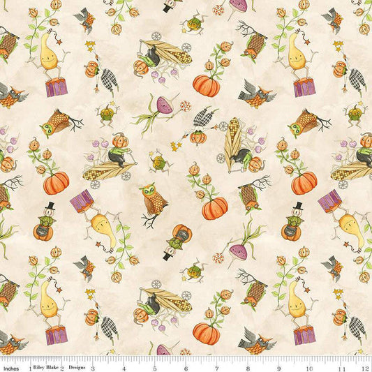 Image of the Ghoul Friends Gourds Cream quilting cotton fabric by Teresa Kogut for Riley Blake Designs. Features icons on a cream background. Cute Little Fabric Shop