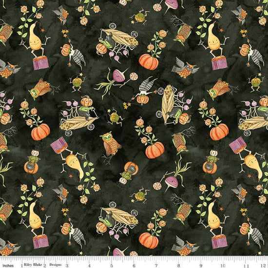 Image of the Ghoul Friends Gourds Black quilting cotton fabric by Teresa Kogut for Riley Blake Designs. Features icons on a black background. Cute Little Fabric Shop