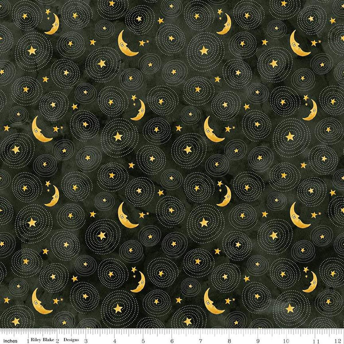 Image of the Ghoul Friends Stars and Moon Black quilting cotton fabric by Teresa Kogut for Riley Blake Designs. Features stars and moon on a black background. Cute Little Fabric Shop