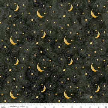 Image of the Ghoul Friends Stars and Moon Black quilting cotton fabric by Teresa Kogut for Riley Blake Designs. Features stars and moon on a black background. Cute Little Fabric Shop