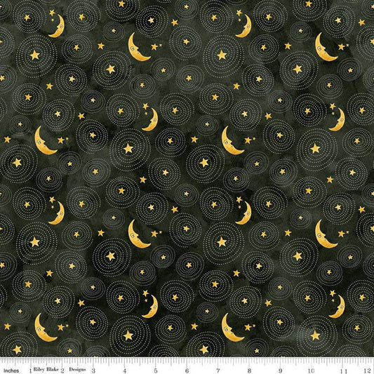 Image of the Ghoul Friends Stars and Moon Black quilting cotton fabric by Teresa Kogut for Riley Blake Designs. Features stars and moon on a black background. Cute Little Fabric Shop