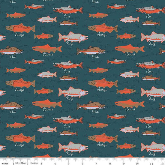 Image of the Alaska Salmon Coastal quilting cotton fabric by Riley Blake Designs. Features whales on a charcoal background. Cute Little Fabric Shop