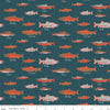 Image of the Alaska Salmon Coastal quilting cotton fabric by Riley Blake Designs. Features whales on a charcoal background. Cute Little Fabric Shop