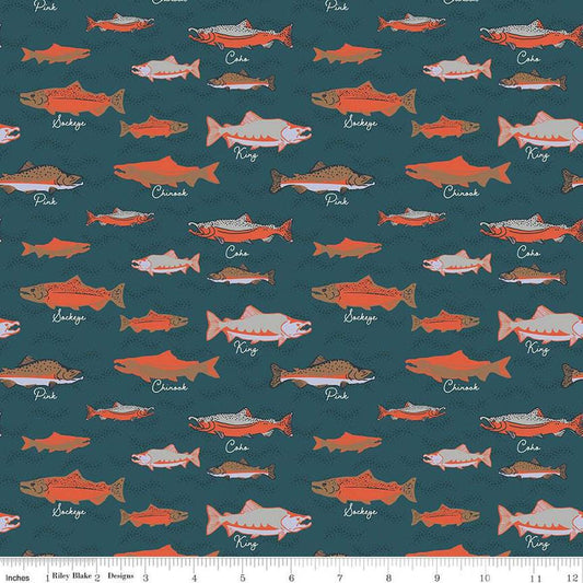 Image of the Alaska Salmon Coastal quilting cotton fabric by Riley Blake Designs. Features whales on a charcoal background. Cute Little Fabric Shop