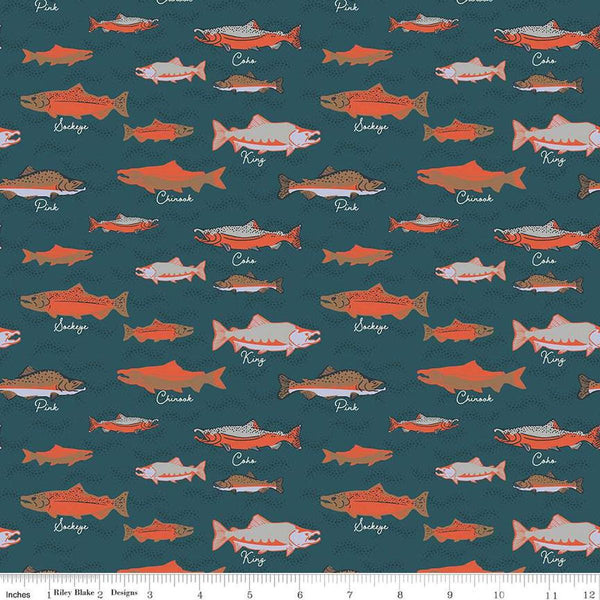 Image of the Alaska Salmon Coastal quilting cotton fabric by Riley Blake Designs. Features whales on a charcoal background. Cute Little Fabric Shop