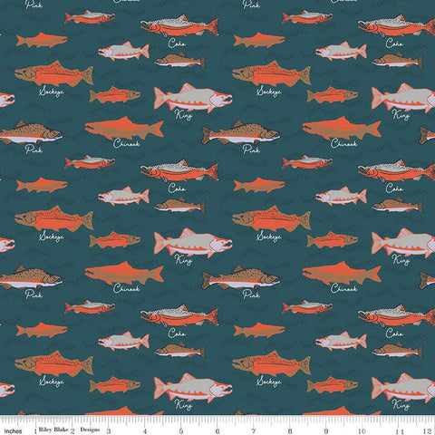 Image of the Alaska Salmon Coastal quilting cotton fabric by Riley Blake Designs. Features whales on a charcoal background. Cute Little Fabric Shop