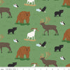 Image of the Alaska Wildlife Green quilting cotton fabric by Riley Blake Designs. Features animals on a green background. Cute Little Fabric Shop