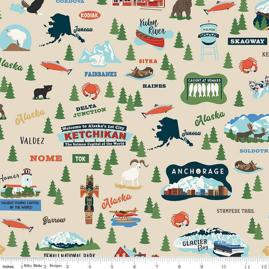 Image of the Alaska Icons Cream quilting cotton fabric by Riley Blake Designs. Features animals on a cream background. Cute Little Fabric Shop