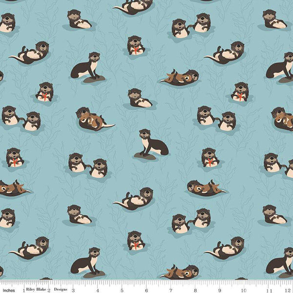 Image of the Alaska Sea Otters Aqua quilting cotton fabric by Riley Blake Designs. Features animals on a blue background. Cute Little Fabric Shop
