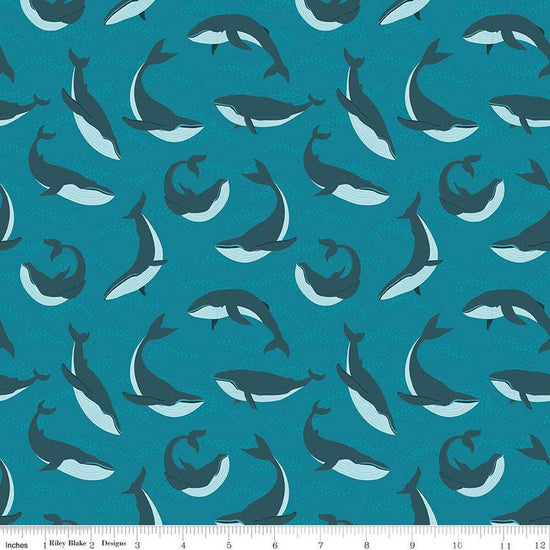 Image of the Alaska Whales Deep Water quilting cotton fabric by Riley Blake Designs. Features animals on a blue background. Cute Little Fabric Shop