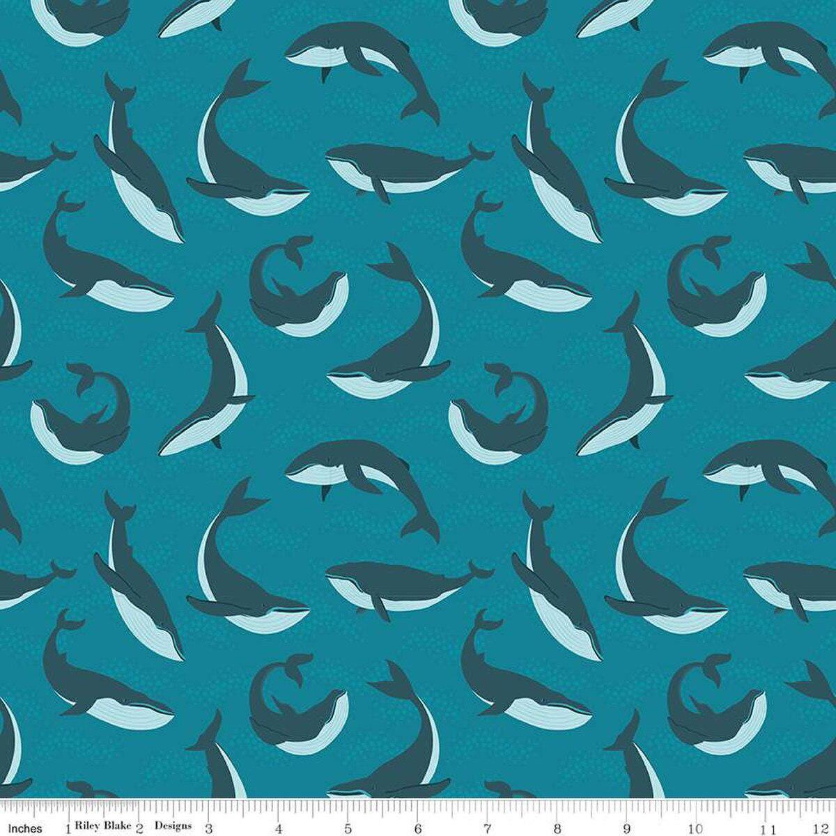 Image of the Alaska Whales Deep Water quilting cotton fabric by Riley Blake Designs. Features animals on a blue background. Cute Little Fabric Shop