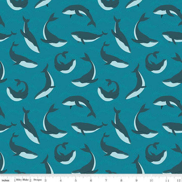 Image of the Alaska Whales Deep Water quilting cotton fabric by Riley Blake Designs. Features animals on a blue background. Cute Little Fabric Shop